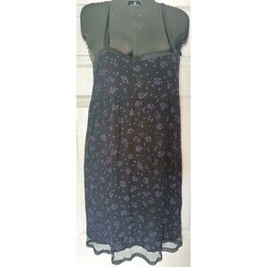 Vintage Y2K DKNY Babydoll Slip Dress Size Large Black Purple Floral Satin Lace